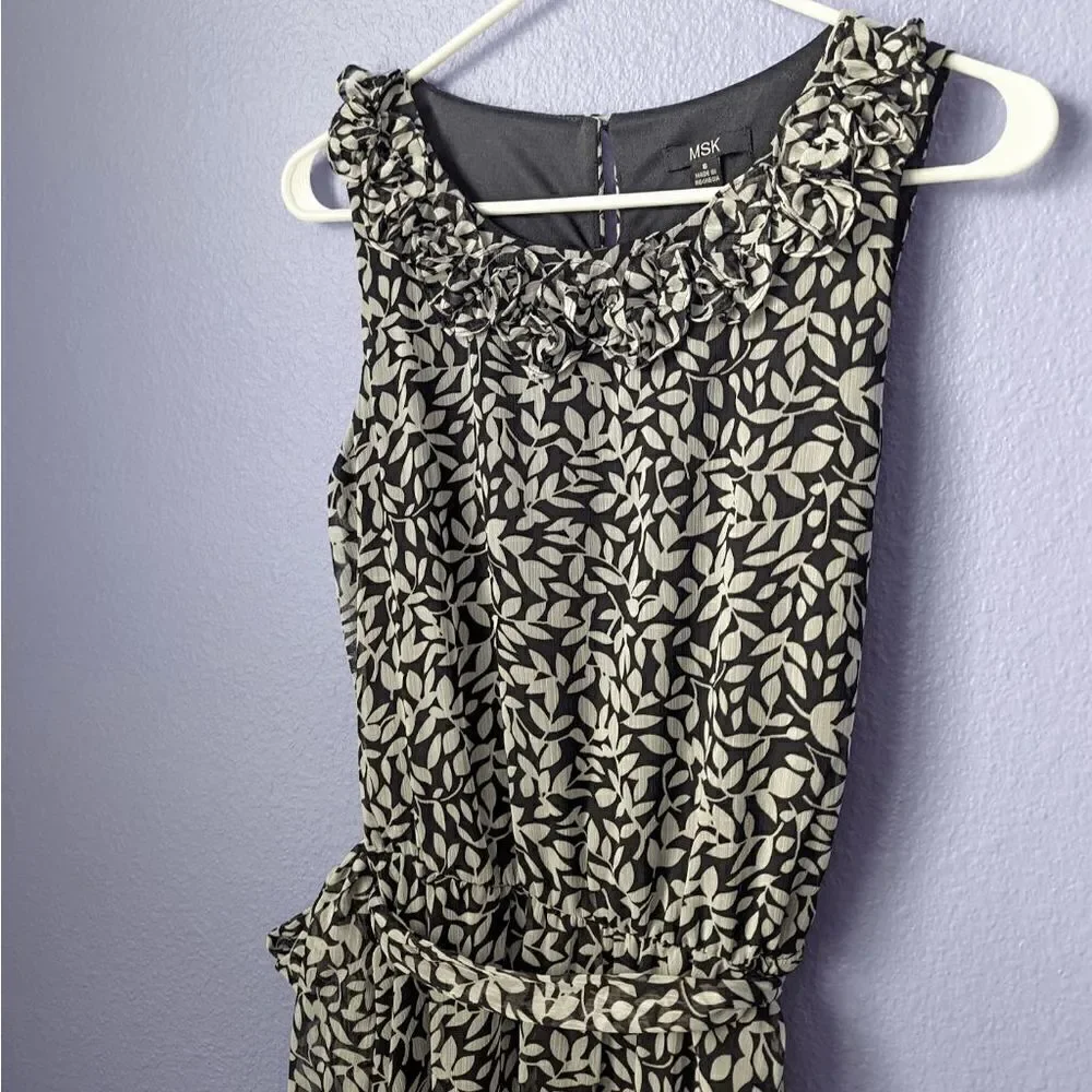 MSK Midi Dress Wrap Tie Around Waist Black & White Leaves Pattern Women's 8 Belt